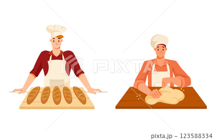 Man Bread Bakers in Uniform and Toque Baking Pastry Vector Set Man Bread Bakers in Uniform and Toque Baking Pastry Vector Set 123588334
