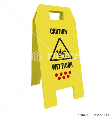 Caution sign indicating wet floor in a public area during daytime Caution sign indicating wet floor in a public area during daytime 123588411
