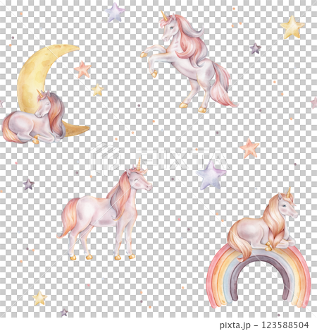 Seamless watercolor pattern with Unicorn and multicolored stars. Hand drawn Illustrations of background for nursery wallpaper, baby textiles or children paper. Pastel colors pony with rainbow and moon Seamless watercolor pattern with Unicorn and multicolored stars. Hand drawn Illustrations of background for nursery wallpaper, baby textiles or children paper. Pastel colors pony with rainbow and moon 123588504