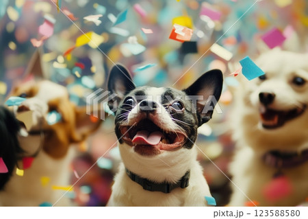 Happy dogs celebrating with falling confetti, graduation party 123588580