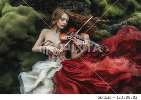 Musician playing violin in flowing dress near mossy rocks 123588582
