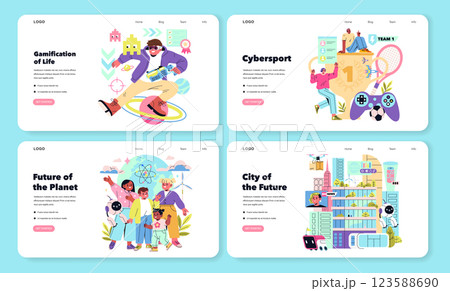 Beta Generation concept. Focus on new trends shaping youth culture, including gaming, cybersport, environmental awareness, and futuristic lifestyles. Online engagement in a modern world. Vector 123588690