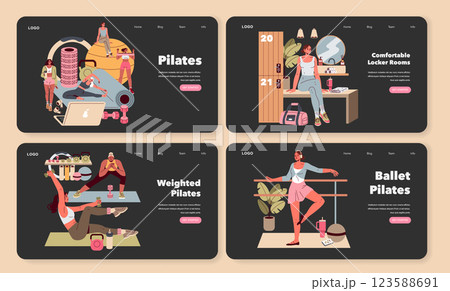 Pilates illustration set. Showcases various Pilates practices including traditional techniques, weighted workouts, and ballet-inspired movements. Designed for fitness enthusiasts seeking diverse Pilates illustration set. Showcases various Pilates practices including traditional techniques, weighted workouts, and ballet-inspired movements. Designed for fitness enthusiasts seeking diverse 123588691