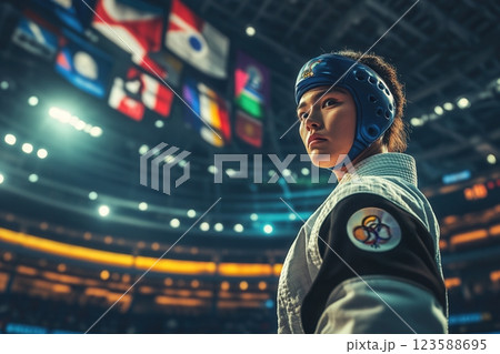 Taekwondo athlete wearing head guard and traditional uniform in arena 123588695