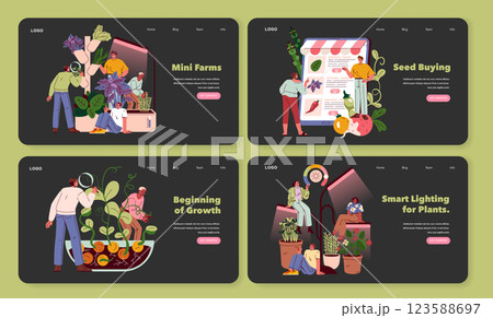 Mini Farms concept. A representation of modern mini farms focusing on seed buying, growth processes, and smart lighting for plants. Perfect for promoting sustainable urban gardening ideas. Vector 123588697