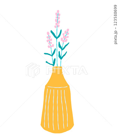 Hand drawn lavender bouquet in yellow vase, vector illustration for home decor and design, greeting card, banner, poster, label. Hand drawn lavender bouquet in yellow vase, vector illustration for home decor and design, greeting card, banner, poster, label. 123588699