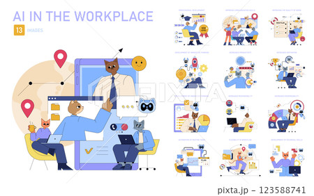 AI in the Workplace illustrates the integration of artificial intelligence in professional settings. It showcases the benefits of enhanced productivity, improved communication, and innovative skill 123588741