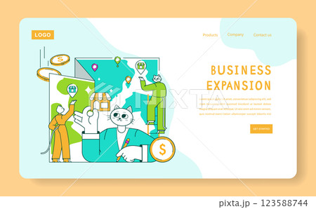 Business Cat concept. A playful representation of a cat engaged in business expansion activities. It illustrates growth strategies, investment opportunities, and creativity in entrepreneurship. Vector 123588744