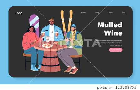 Winter vacation gathering around a table with friends enjoying mulled wine and snacks. Capturing the essence of cozy winter moments filled with laughter and shared warmth. Vector illustration. 123588753