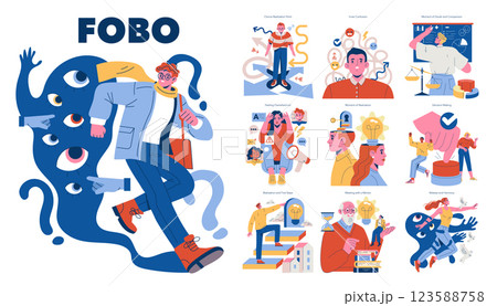 FOBO concept set. Illustration about fear of better options, anxiety caused by multiple decisions and uncertainty in decision-making process situations. Vector illustration. 123588758