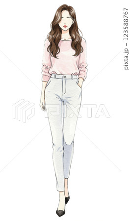 カジュアルオフィスコーデのアジアン女性のイラスト、全身前向き カジュアルオフィスコーデのアジアン女性のイラスト、全身前向き 123588767