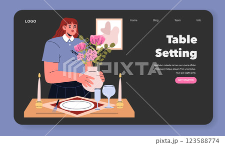 Table setting illustration, featuring a person arranging flowers for a dinner party. The scene includes candles, plates, and glassware, evoking warmth and hospitality for gatherings. Vector Table setting illustration, featuring a person arranging flowers for a dinner party. The scene includes candles, plates, and glassware, evoking warmth and hospitality for gatherings. Vector 123588774