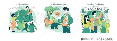 Earth Day illustration, showcasing three key themes of environmental care: promoting a cleaner planet, wildlife protection, and community celebration emphasizing awareness and action for Earth Day illustration, showcasing three key themes of environmental care: promoting a cleaner planet, wildlife protection, and community celebration emphasizing awareness and action for 123588831