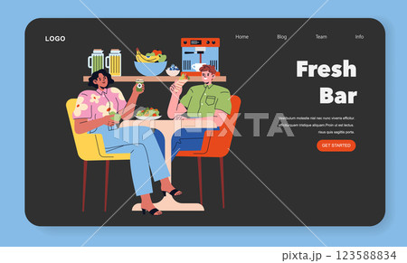 Modern office illustration showcasing two people enjoying healthy food and drinks at a fresh bar. The inviting setting highlights a community atmosphere, perfect for socializing and relaxation. Vector 123588834