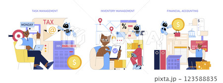 Business processes illustration showcasing task management, inventory management, and financial accounting. It illustrates various roles and tools utilized in modern business operations. Vector 123588835