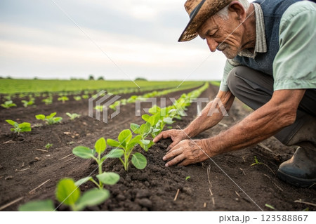 Close-up of Farmer with Soybean Seedlings in Fertile Landscape Close-up of Farmer with Soybean Seedlings in Fertile Landscape 123588867