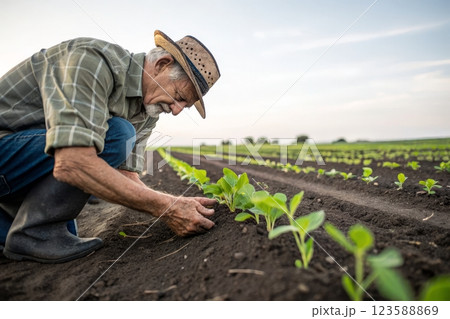 Farmer Examining Soybean Seedlings Field Agriculture Photography Rural Close-up Growth 123588869