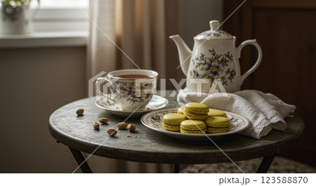 Pistachio Macarons and Tea on Vintage Table Cozy Setting Elegant Presentation 123588870