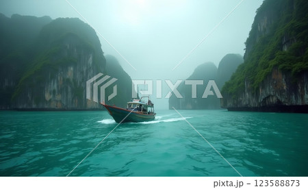 Sailing Adventure in Tropical Islands Scenic Waters Boat Journey Misty Environment Wide-Angle View 123588873
