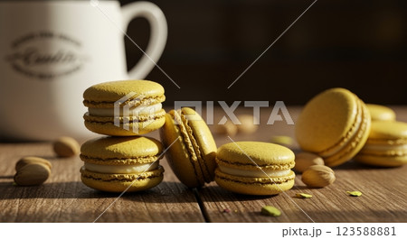 Delicious Pistachio Macarons on Rustic Table Soft Lighting Dessert Photography Delicious Pistachio Macarons on Rustic Table Soft Lighting Dessert Photography 123588881
