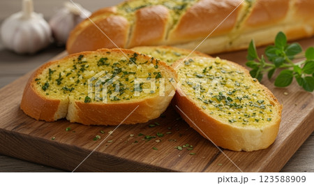 Savoring Garlic Bread Delights Cozy Kitchen Food Photography Rustic Setting Close-Up Culinary Art 123588909