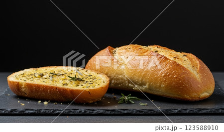Delicious Garlic Bread Recipe Kitchen Food Photography Cozy Home Close-Up Culinary Delight 123588910