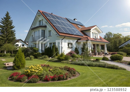 Modern Suburban House Solar Energy System Residential Area Eco-Friendly Daylight Sustainability 123588932