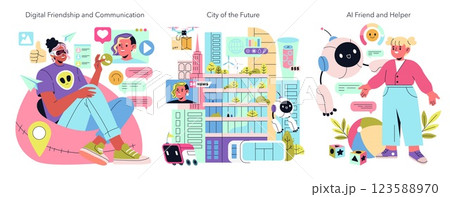 Beta Generation representation shows a vibrant mix of digital friendship, futuristic cityscapes, and AI assistance. It explores modern communication, innovation in urban life, and human-technology Beta Generation representation shows a vibrant mix of digital friendship, futuristic cityscapes, and AI assistance. It explores modern communication, innovation in urban life, and human-technology 123588970