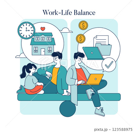 Work-Life Balance concept. Achieving harmony between personal life and professional responsibilities is crucial for well-being. Considerations include time management, family priorities, and 123588975