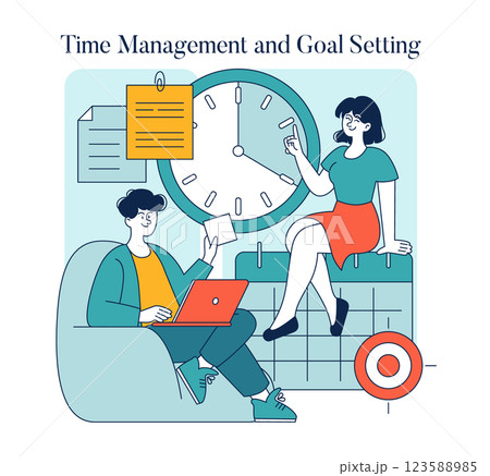 Time Management and Goal Setting concept. Illustrates individuals engaged in planning and prioritization for career success. Highlights the importance of effective time use alongside goal creation as 123588985