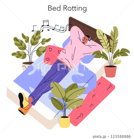 Bed Rotting concept. A scene highlighting relaxation and comfort during a lazy day. A person lies on a bed surrounded by lush plants and a soothing atmosphere. Ideal for discussions about self-care 123588986