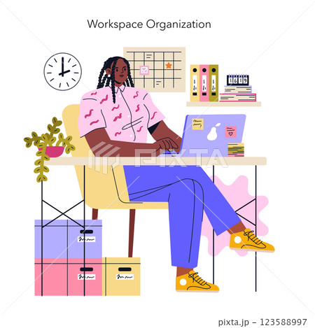 ADHD-friendly workspace organization highlights a user balancing productivity with comfort. Essential tools support focus, with design elements enhancing clarity and structure in daily routines. 123588997
