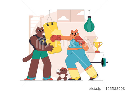 Fitness illustration featuring playful cats engaged in a boxing training session. The scene highlights camaraderie and motivation alongside gym equipment. Perfect for promoting an active lifestyle in Fitness illustration featuring playful cats engaged in a boxing training session. The scene highlights camaraderie and motivation alongside gym equipment. Perfect for promoting an active lifestyle in 123588998