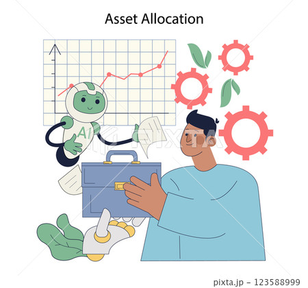 Robot advisor assists in asset allocation, showing a positive trend on a graph. The human user engages with the AI, symbolizing collaboration in financial planning. Vector illustration. Robot advisor assists in asset allocation, showing a positive trend on a graph. The human user engages with the AI, symbolizing collaboration in financial planning. Vector illustration. 123588999