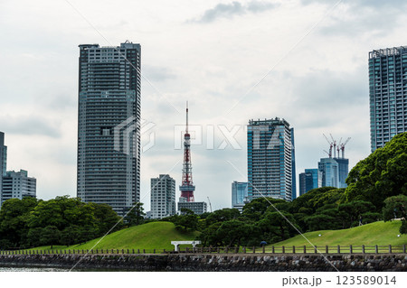 A vibrant Tokyo skyline featuring modern buildings, green spaces, and the iconic Tokyo Tower. 123589014