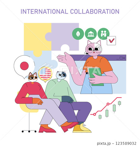 International collaboration concept. Diverse characters engage in dialogue to discuss partnership strategies and shared goals. Represents unity and teamwork across borders fostering growth and International collaboration concept. Diverse characters engage in dialogue to discuss partnership strategies and shared goals. Represents unity and teamwork across borders fostering growth and 123589032