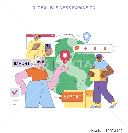 Global Business Expansion concept. Illustrates the dynamics of international trade, showcasing key activities of import and export. Emphasizes the interconnectedness of global markets, technology, and Global Business Expansion concept. Illustrates the dynamics of international trade, showcasing key activities of import and export. Emphasizes the interconnectedness of global markets, technology, and 123589034