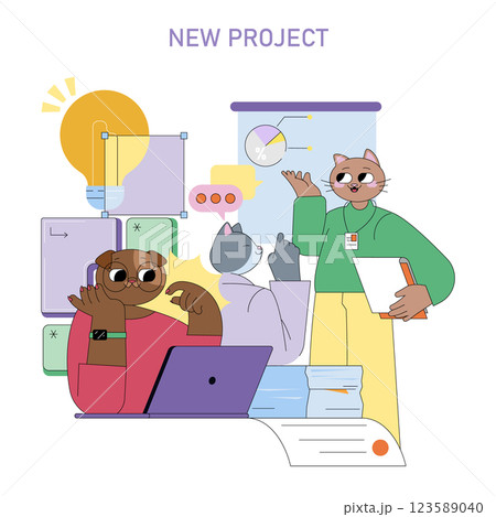Team collaboration on a new project illustrated through diverse characters engaged in discussion and brainstorming. Various tools, charts, and ideas emphasize creativity and productivity in a work 123589040