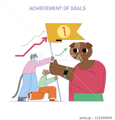 Achievement of goals concept. Illustrates a diverse group of cartoon animals celebrating the success of reaching their objectives. They hold a flag marked "1" while showing upward trends through 123589046