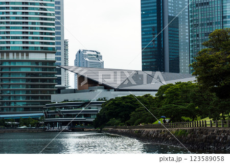 View of Tokyo's Imperial Palace East Garden framed by modern skyscrapers on a cloudy day. 123589058