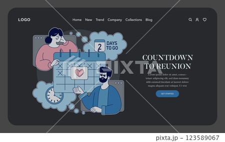 Long Distance Love illustration. Two people eagerly counting down the days until their reunion. They are using a calendar marked with a heart, symbolizing hope and anticipation. The visual captures 123589067