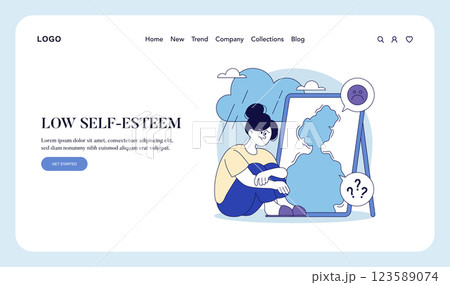 Illustration of a person experiencing low self-esteem, reflecting on their image in a mirror. The scene conveys a sense of emotional struggle and self-doubt. It highlights the internal conflict of 123589074