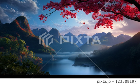 Misty Mountain Reflections at East Asian Lake Scenic Landscape Serene Atmosphere Dusk View 123589197