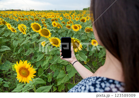 Girl takes close-up photo of sunflower field on her phone Girl takes close-up photo of sunflower field on her phone 123589309