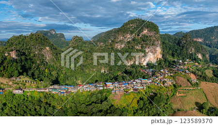 Aerial view of stunning sunrise above a small village 123589370