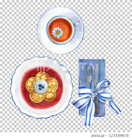 Breakfast. Watercolor illustration of syrniki in raspberry sauce with blueberries and sour cream on a white plate, chamomile tea in a cup, napkin, ribbon with strikes and cutlery. Good for postcards 123589678