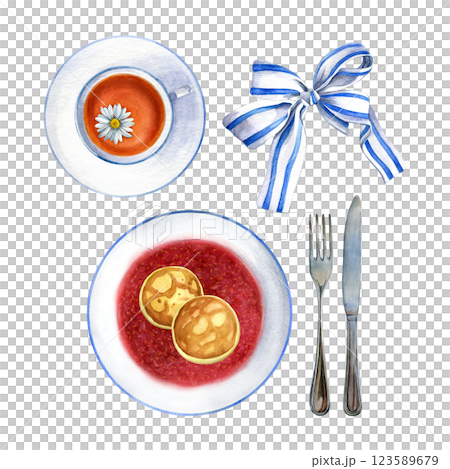 Breakfast. Watercolor illustration of syrniki in raspberry sauce on a white plate, chamomile tea in a cup, ribbon with strikes and cutlery. Good for postcards, recipes, menu, invitations 123589679