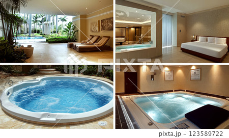 Lounge chairs, pools, and a bedroom are inside a luxury spa setting. Concept of relaxation, luxury, and comfort in an indoor spa environment. 123589722
