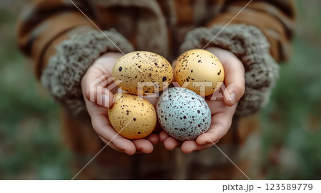 Hands hold four speckled eggs outdoors. Concept of nature and simplicity. 123589779