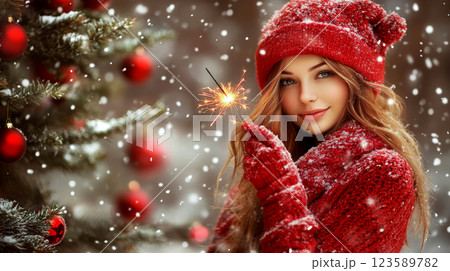 Young woman in red winter clothing holds a sparkler near a decorated tree with snow falling. Concept of festive winter celebration. 123589782